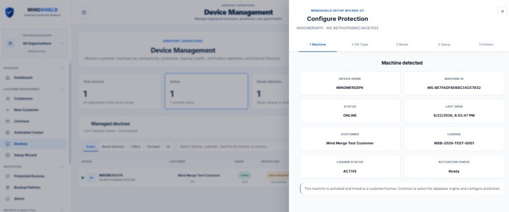 MindShield device management page and protection setup wizard