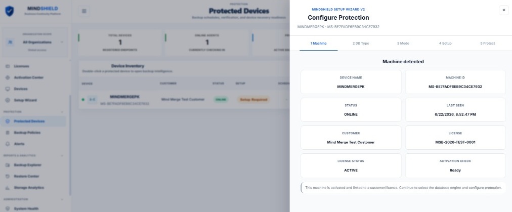 MindShield setup wizard displaying machine detection and protection configuration steps