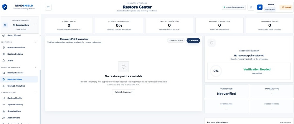 MindShield Restore Center showing recovery readiness and restore point inventory